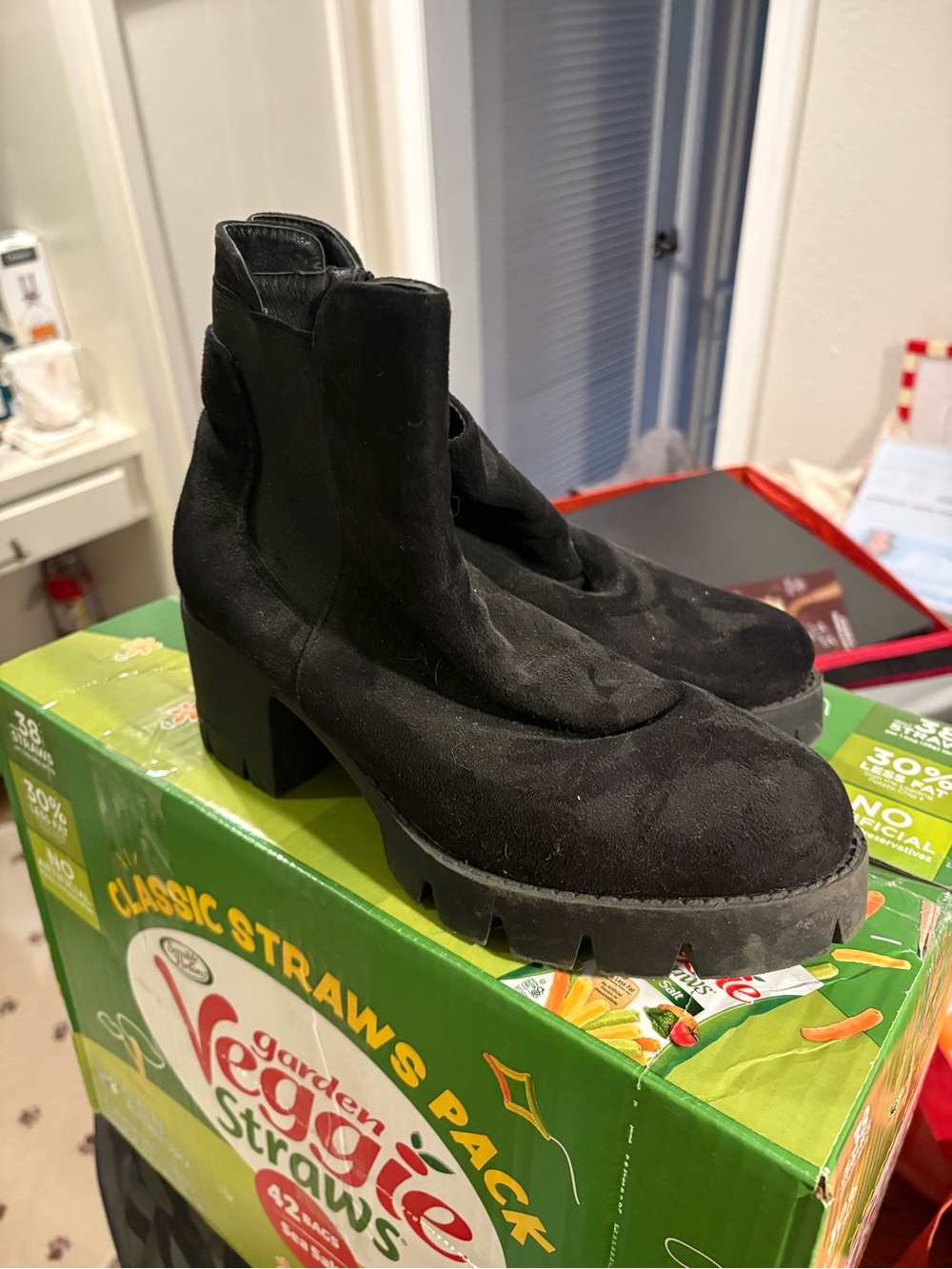 Black Suede Chunky Heel Ankle Boots - Women